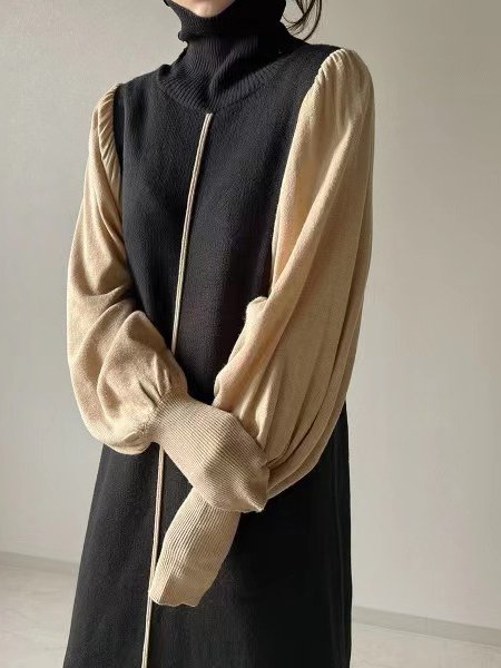 Turtleneck Casual Wool/Knitting Plain Dress, Khaki, Dresses