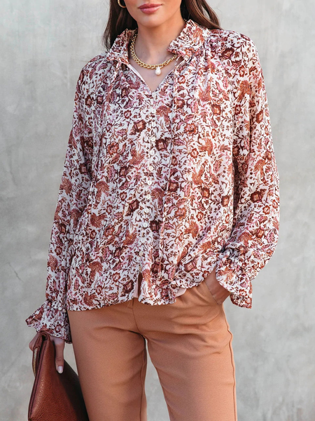 

Casual V Neck Floral Loose Blouse, Light brown, Blouses & Shirts