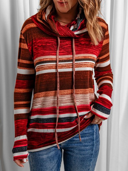 

Regular Fit Turtleneck Casual Striped Top, Red, Tops
