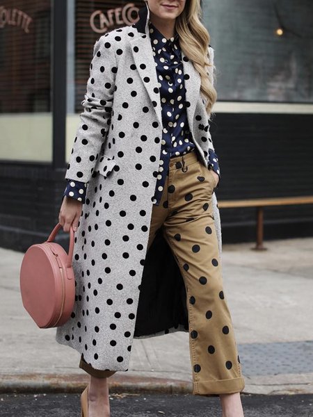 

Loose Elegant Polka Dots Long Sleeve Overcoat, Gray, Coats