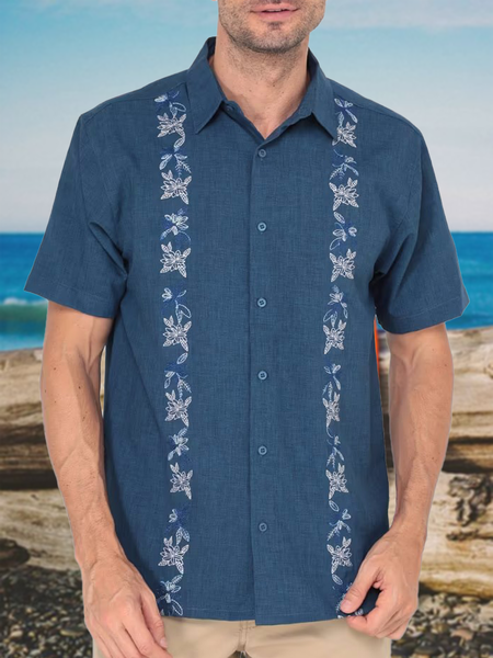 

Stripe Plant Flower Short Sleeve Casual Shirt, As picture, Men Shirts