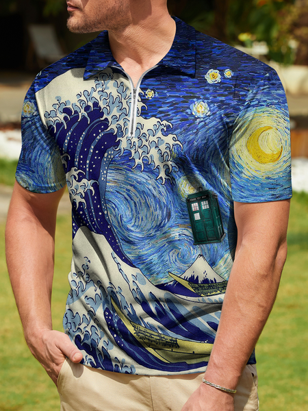 

Ukiyo-e and Oil Painting Zip Short Sleeve Polo, Blue, Polo Shirts