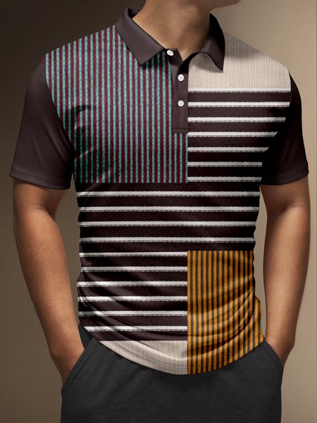

Striped Geometric Button Short Sleeve Polo, Brown, Men's t-shirts