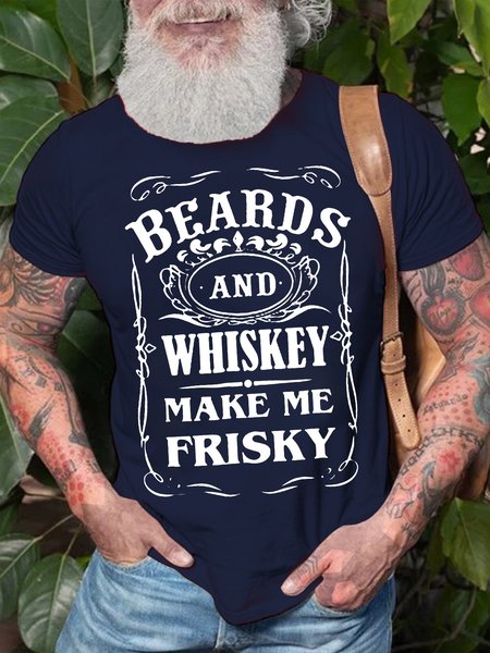 

Men's Beards And Whiskey Make Me Frisky Funny Graphic Print Vintage Text Letters Cotton Loose T-Shirt, Purplish blue, T-shirts