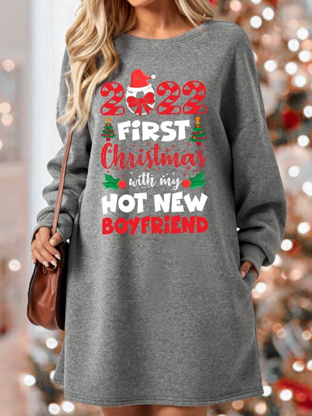 

Lilicloth X Manikvskhan 2022 First Christmas With My Hot New Boyfriend Womens Sweatshirt Dress, Gray, Dresses