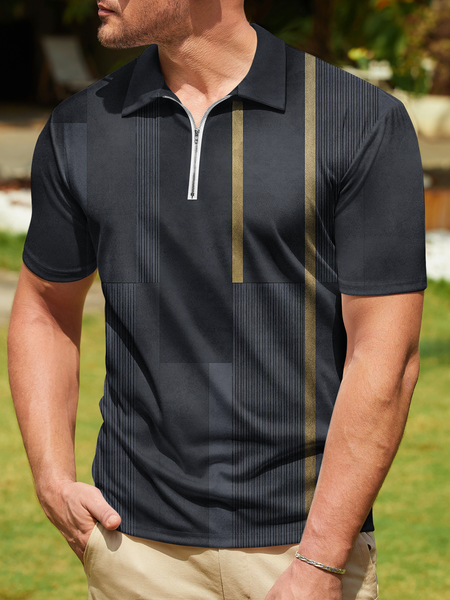 

Black Gold Geometric Zip Short Sleeve Polo, Dark gray, Men's t-shirts