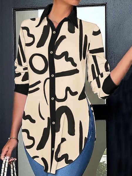 

Buttoned Casual Abstract Shawl Collar Blouse, Beige, Shirts & Blouses