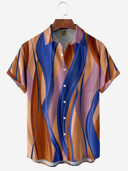 

Abstract lines Chest Pockets Short Sleeve Caual Shirts, Brown, Men Shirts