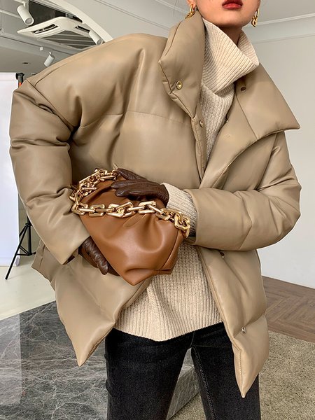 

Plain Simple Stand Collar Fleece Coat, Khaki, Others