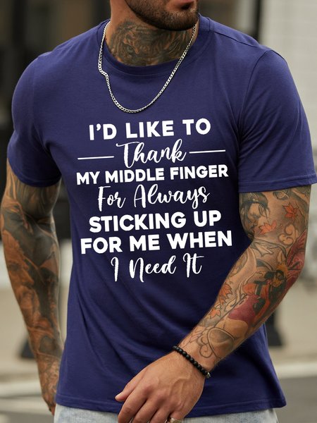 

Men's I'd Like To Thank My Middle Finger For Always Sticking Up For Me When I Need It Funny Graphic Print Text Letters Cotton Casual Crew Neck T-Shirt, Purplish blue, T-shirts