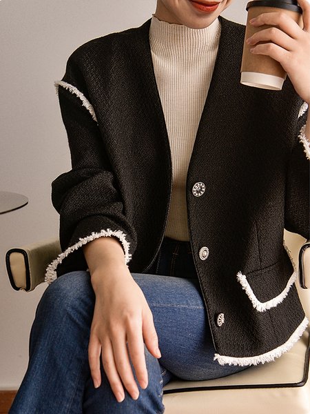 

Long sleeve Color Block Elegant V Neck Regular Fit Jacket, Black, Jackets