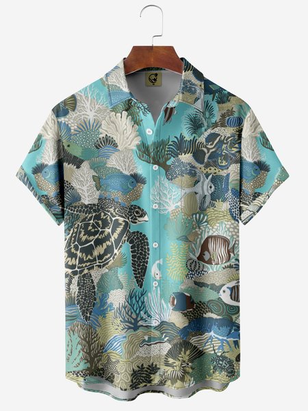 

Marine Life Chest Pocket Short Sleeve Hawaiian Shirt, Blue, Short Sleeve Shirts
