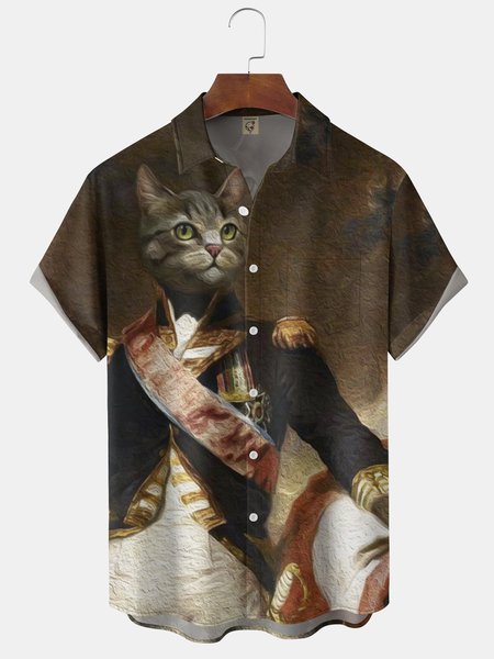 

Captain Cat Chest Pocket Short Sleeve Casual Shirt, Brown, Men Shirts