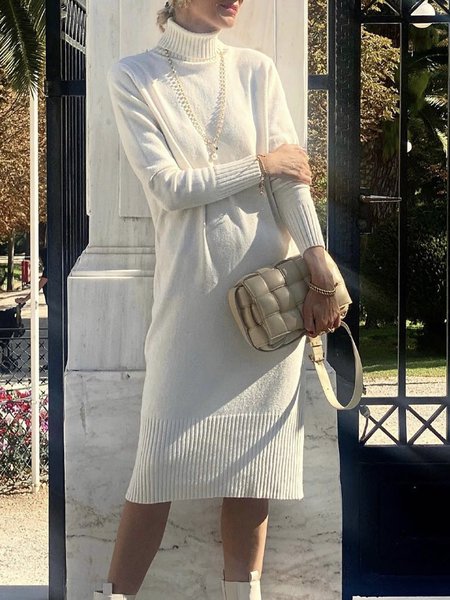 

Turtleneck Long sleeve White Simple Regular Fit Plain Dress, Midi Dresses