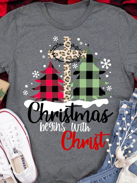 

Women Christmas begins with Christ Crew Neck T-Shirt, Gray, T-shirts