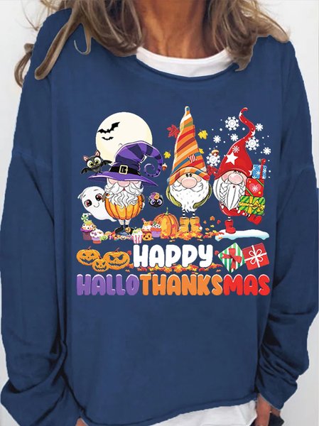 

Womens Happy Hallothanksmas Holiday Gnomes Crew Neck Sweatshirt, Dark blue, Hoodies&Sweatshirts