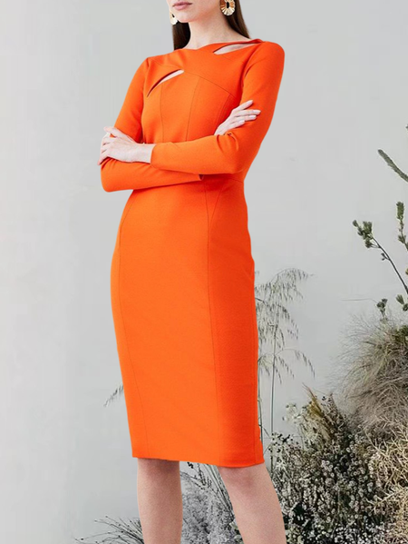 

Crew Neck Regular Fit Satin Elegant Dress & Party Dress, Orange, Midi Dresses