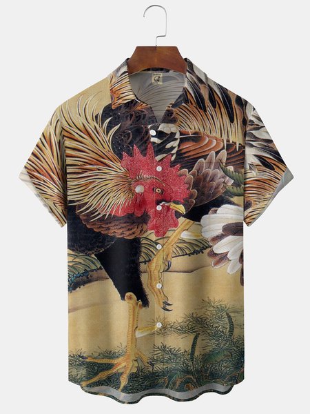 

Japanese Art Ukiyoe Cock Chest Pocket Short Sleeve Casual Shirt, Brown, Men Shirts