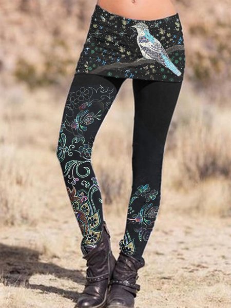 

Regular Fit Bird Casual Leggings, Black, Leggings