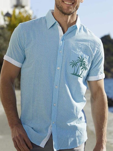 

Plaid Plants Chest pocket Short Sleeve Casual Shirt, Light blue, Men Shirts