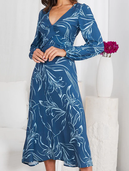 

V Neck Regular Fit Vacation Floral Dress, Multicolor, Midi Dresses