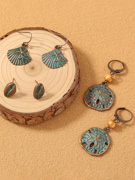 

3Pcs Retro Ethnic Shell Pattern Earring Set Bohemian Resort Style Beach Jewelry, Green, Earrings
