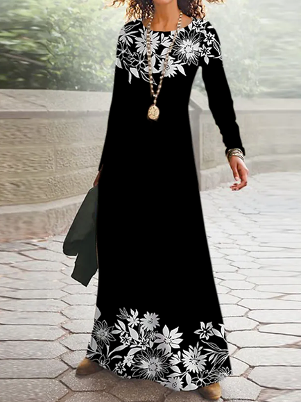 

Floral Casual Loose Crew Neck Dress, Black, Dresses