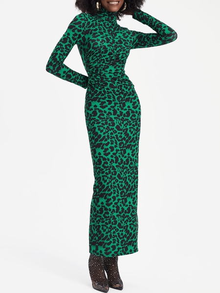 

Mock Neck Leopard Print Split Back Dress, Green, Maxi Dresses