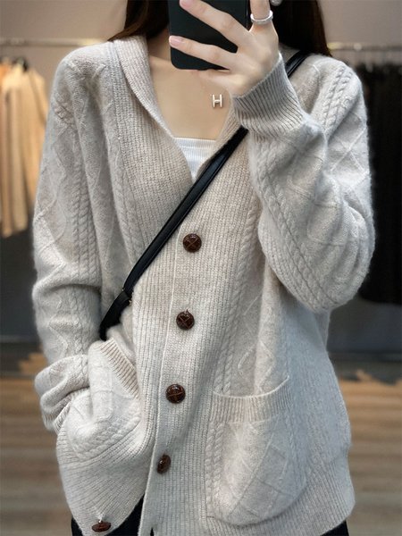 

Casual Regular Fit V Neck Plain Sweater Coat, Gray, Outerwear