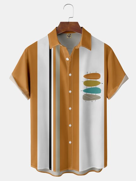 

Mid Century Geo Chest Pocket Short Sleeve Bowling Shirt, Yellow brown, Men Shirts