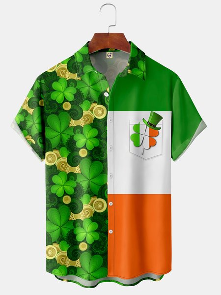 St. Patrick's Day Chest Pocket Short Sleeve Shirt, Green, Men Shirts