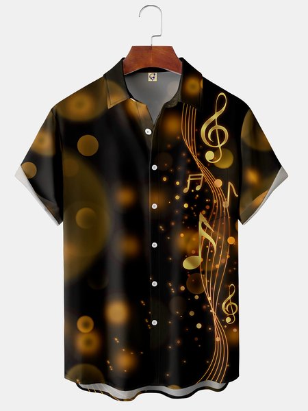 

Music Notes Chest Pocket Short Sleeve Shirt, Golden, Men Shirts