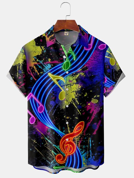 

Music Note Chest Pocket Short Sleeve Shirt, Blue, Men Shirts