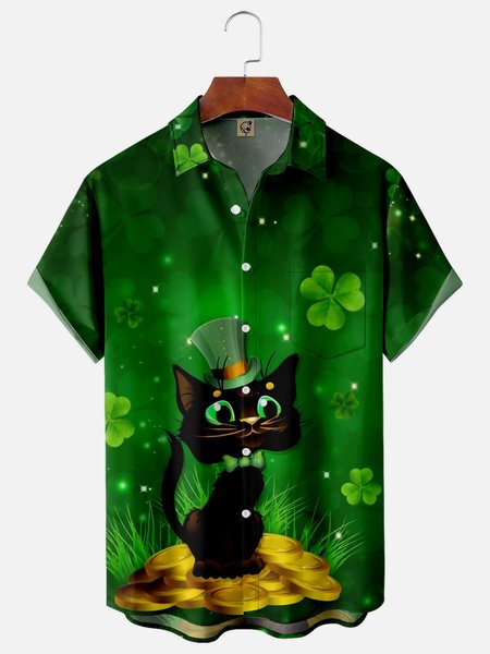 St. Patrick's Day Chest Pocket Short Sleeve Shirt, Green, Men Shirts
