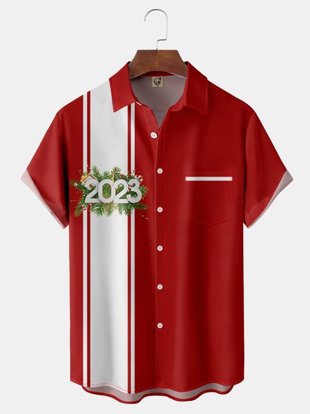 

New Year Chest Pocket Short Sleeve Shirt, Red, Men Shirts