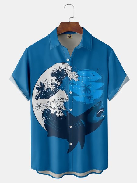 

Sea Animals Chest Pocket Short Sleeve Hawaiian Shirt, Blue, Men Shirts