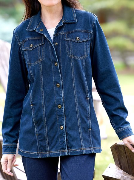 

Shirt Collar Plain Casual Regular Fit Denim Jacket, Blue, Coats