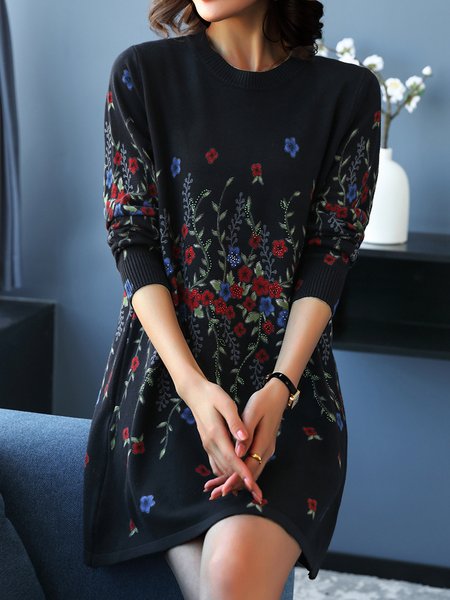 

Crew Neck Floral Casual Regular Fit Dress, Black, Dresses