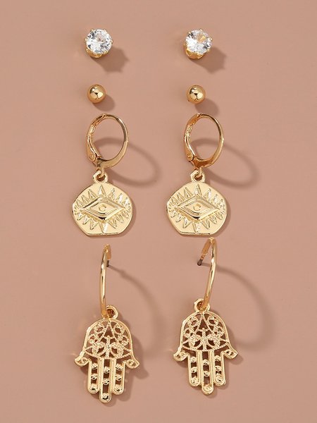 

4Pcs Vintage Ethnic Pattern Earring Set Bohemian Resort Style Beach Jewelry, Golden, Earrings