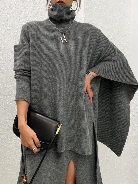 Regular Size Loose Simple Turtleneck Sweater, Gray, Pullovers