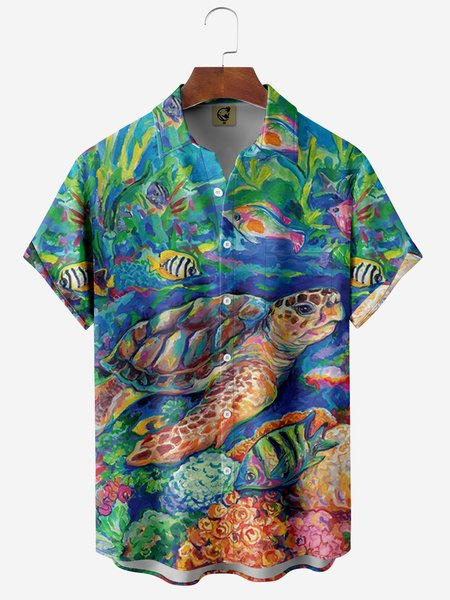 

Marine Life Sea Turtle Chest Pocket Short Sleeve Hawaiian Shirt, Green, Men Shirts