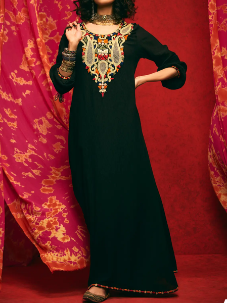 

Regular Fit Boho Crew Neck Ethnic Dress, Black, Dresses