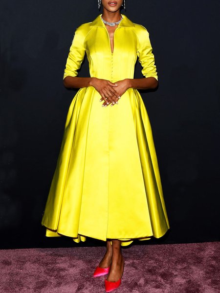 

Regular Fit Plain Elegant V Neck Party Dress, Yellow, Midi Dresses