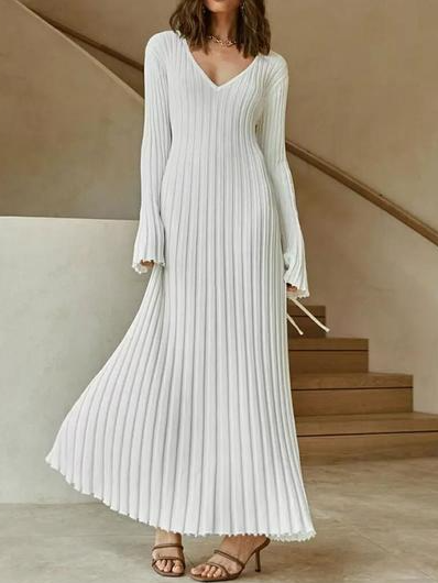 

Autumn/Winter Women's Knitted Long Dress Elegant A-Line Pleated Mid-Length Dress Casual Ribbed V-Neck Women's Long Dress, White, Maxi Dresses
