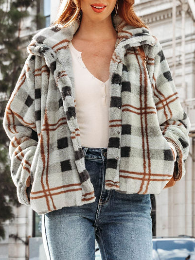 

Shawl Collar Plaid Loose Casual Teddy Jacket, Multicolor, Outerwear