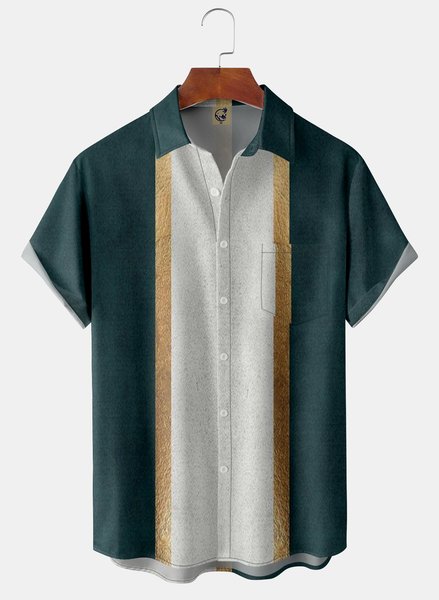 

Color Block Chest Pocket Short Sleeve Bowling Shirt, Darkgreen, Men Shirts