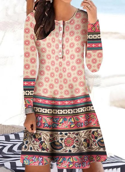 

Women's Floral Casual Buttons Crew Neck Regular Fit Dress, As picture, Dresses