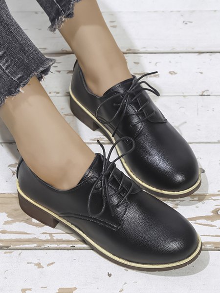 

Plain Color Split Joint Casual Lace-Up Flat Shoes, Black, Flats