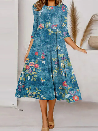 

Casual Crew Neck Floral Cotton-Blend Dress, Blue, Dresses