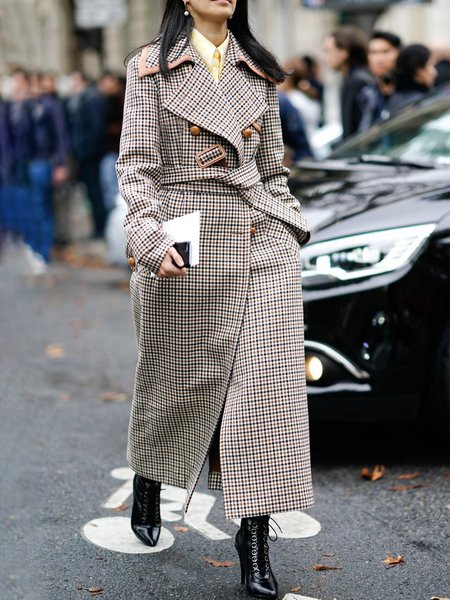 

Urban Lapel Collar Plaid Long Sleeve Regular Fit Trench Coat, Brown, Coats